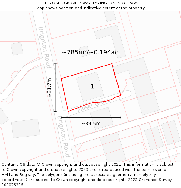 1, MOSER GROVE, SWAY, LYMINGTON, SO41 6GA: Plot and title map