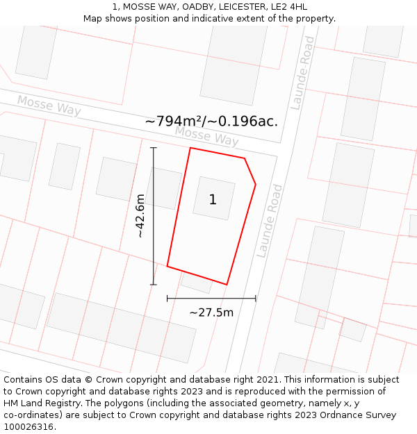 1, MOSSE WAY, OADBY, LEICESTER, LE2 4HL: Plot and title map