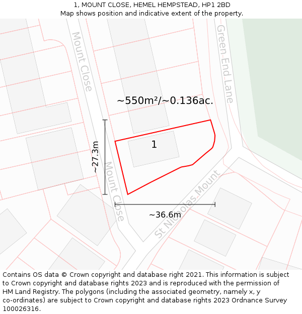1, MOUNT CLOSE, HEMEL HEMPSTEAD, HP1 2BD: Plot and title map