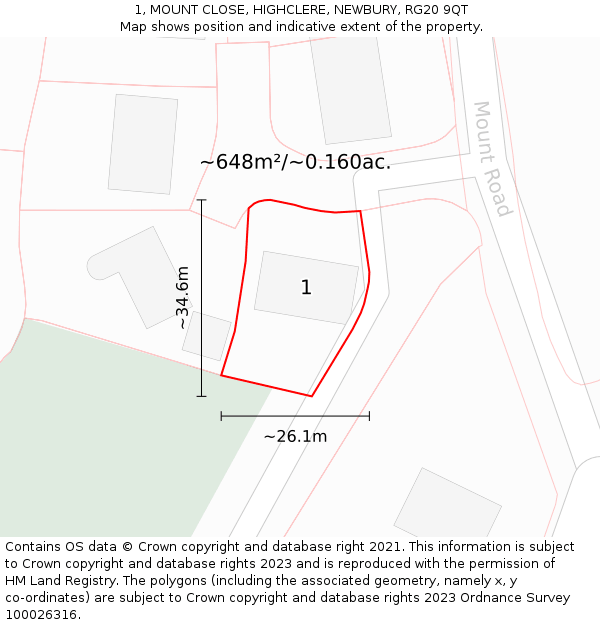 1, MOUNT CLOSE, HIGHCLERE, NEWBURY, RG20 9QT: Plot and title map