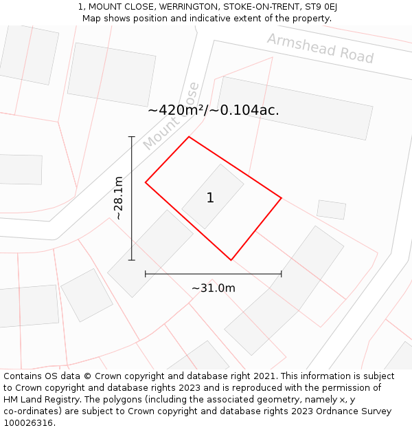 1, MOUNT CLOSE, WERRINGTON, STOKE-ON-TRENT, ST9 0EJ: Plot and title map