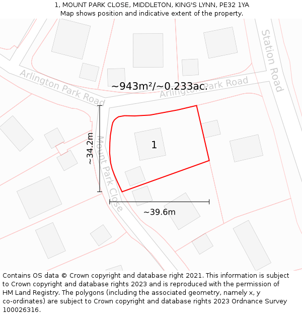 1, MOUNT PARK CLOSE, MIDDLETON, KING'S LYNN, PE32 1YA: Plot and title map