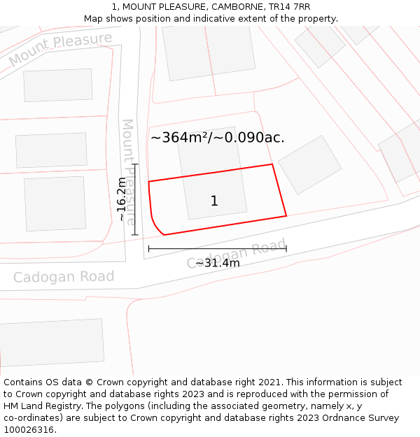 1, MOUNT PLEASURE, CAMBORNE, TR14 7RR: Plot and title map