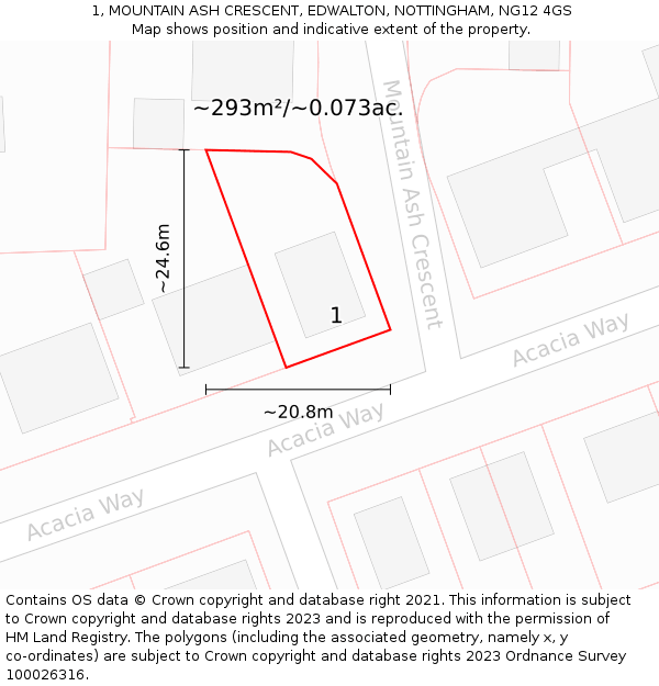 1, MOUNTAIN ASH CRESCENT, EDWALTON, NOTTINGHAM, NG12 4GS: Plot and title map