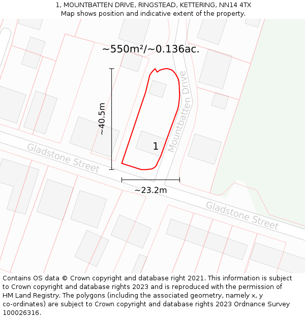 1, MOUNTBATTEN DRIVE, RINGSTEAD, KETTERING, NN14 4TX: Plot and title map