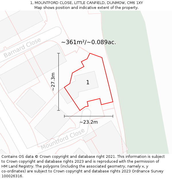 1, MOUNTFORD CLOSE, LITTLE CANFIELD, DUNMOW, CM6 1XY: Plot and title map