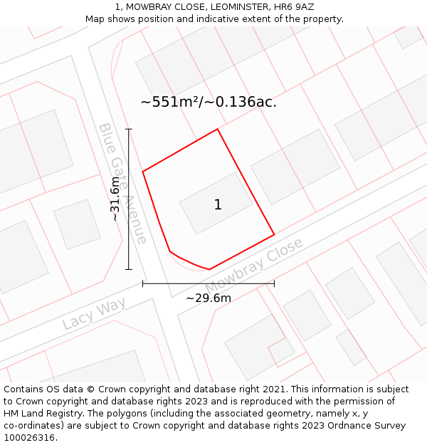 1, MOWBRAY CLOSE, LEOMINSTER, HR6 9AZ: Plot and title map