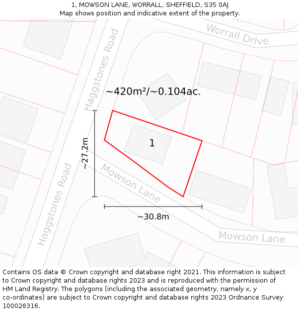 1, MOWSON LANE, WORRALL, SHEFFIELD, S35 0AJ: Plot and title map