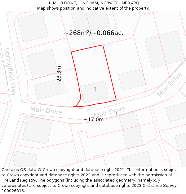 1, MUIR DRIVE, HINGHAM, NORWICH, NR9 4PQ: Plot and title map
