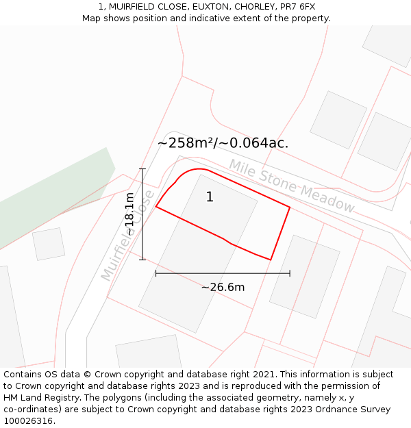 1, MUIRFIELD CLOSE, EUXTON, CHORLEY, PR7 6FX: Plot and title map