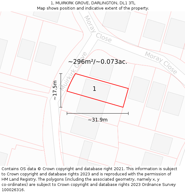 1, MUIRKIRK GROVE, DARLINGTON, DL1 3TL: Plot and title map