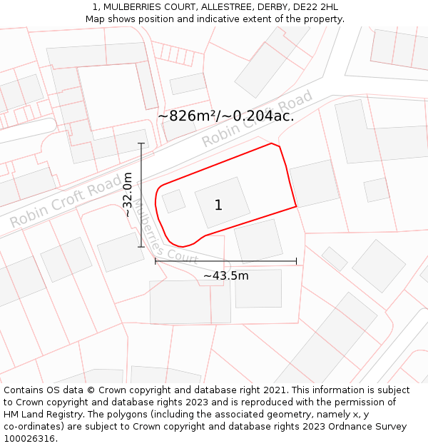 1, MULBERRIES COURT, ALLESTREE, DERBY, DE22 2HL: Plot and title map