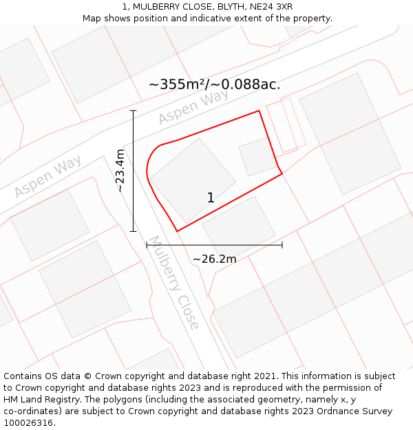 1, MULBERRY CLOSE, BLYTH, NE24 3XR: Plot and title map