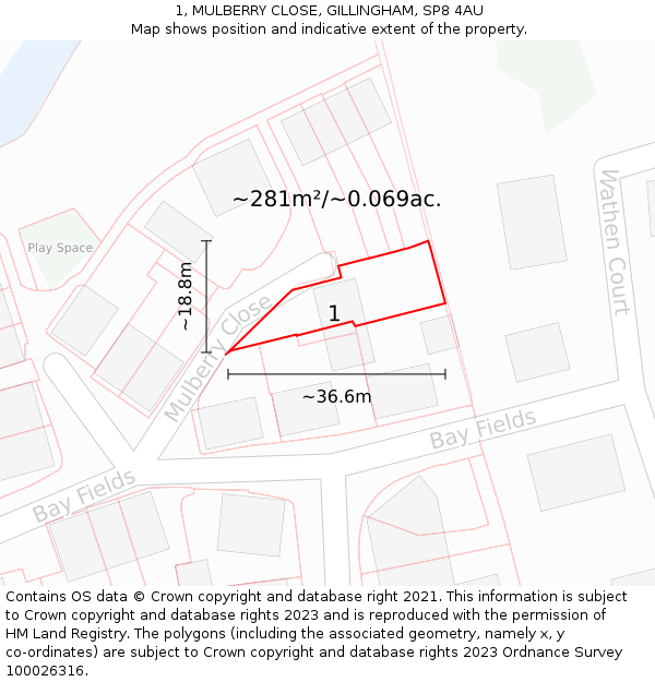 1, MULBERRY CLOSE, GILLINGHAM, SP8 4AU: Plot and title map