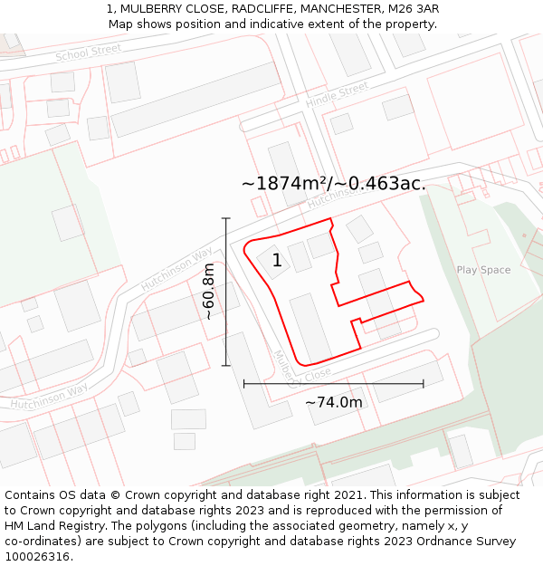 1, MULBERRY CLOSE, RADCLIFFE, MANCHESTER, M26 3AR: Plot and title map