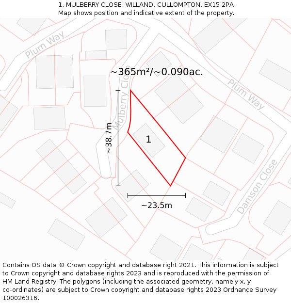 1, MULBERRY CLOSE, WILLAND, CULLOMPTON, EX15 2PA: Plot and title map