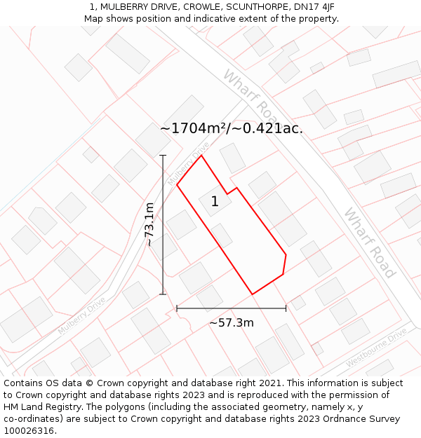 1, MULBERRY DRIVE, CROWLE, SCUNTHORPE, DN17 4JF: Plot and title map