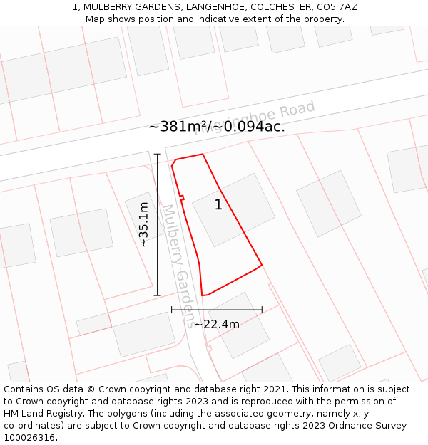 1, MULBERRY GARDENS, LANGENHOE, COLCHESTER, CO5 7AZ: Plot and title map
