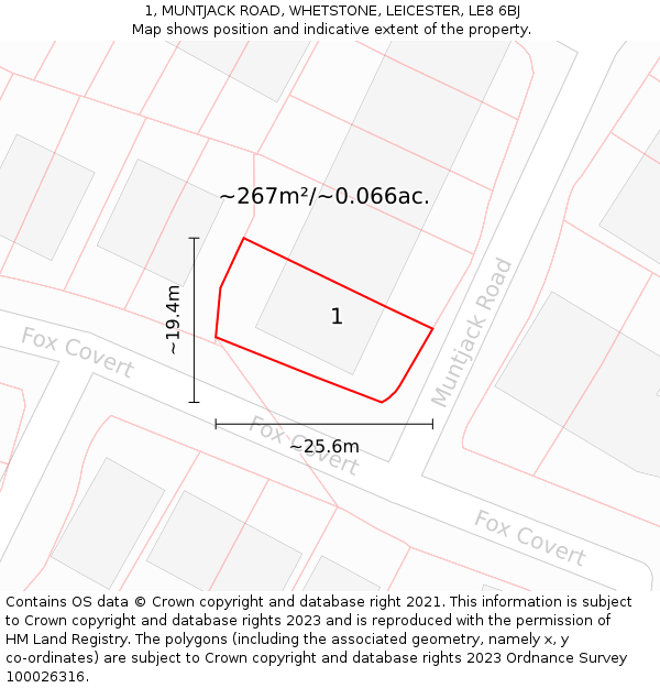 1, MUNTJACK ROAD, WHETSTONE, LEICESTER, LE8 6BJ: Plot and title map