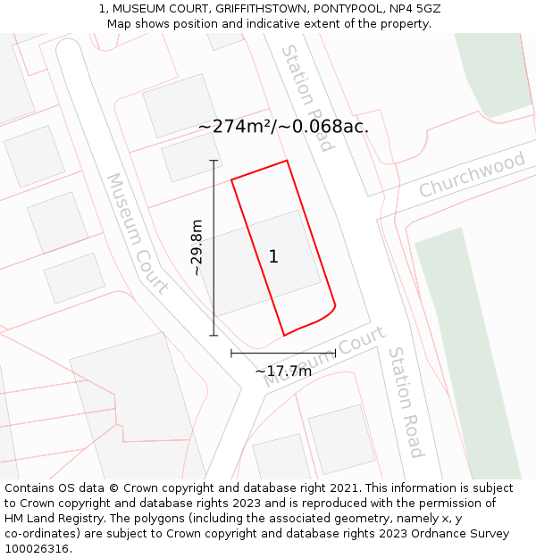 1, MUSEUM COURT, GRIFFITHSTOWN, PONTYPOOL, NP4 5GZ: Plot and title map