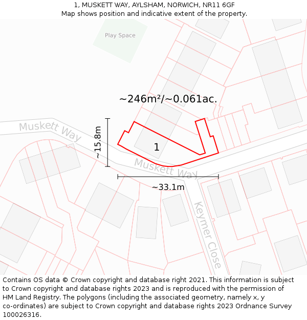 1, MUSKETT WAY, AYLSHAM, NORWICH, NR11 6GF: Plot and title map