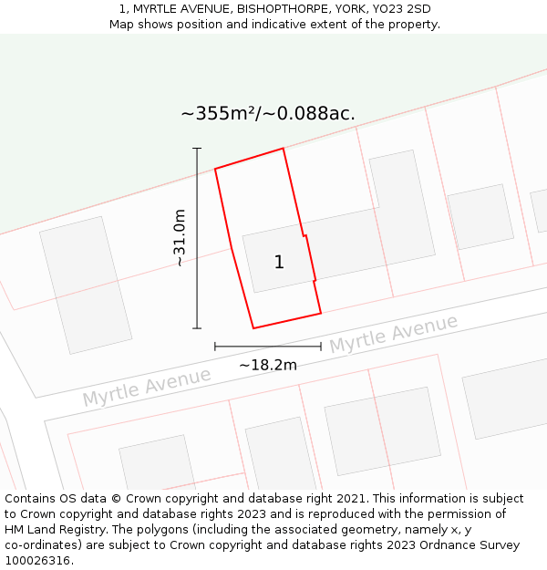 1, MYRTLE AVENUE, BISHOPTHORPE, YORK, YO23 2SD: Plot and title map