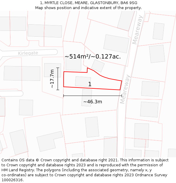 1, MYRTLE CLOSE, MEARE, GLASTONBURY, BA6 9SG: Plot and title map