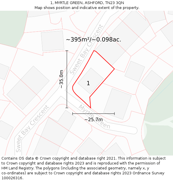 1, MYRTLE GREEN, ASHFORD, TN23 3QN: Plot and title map