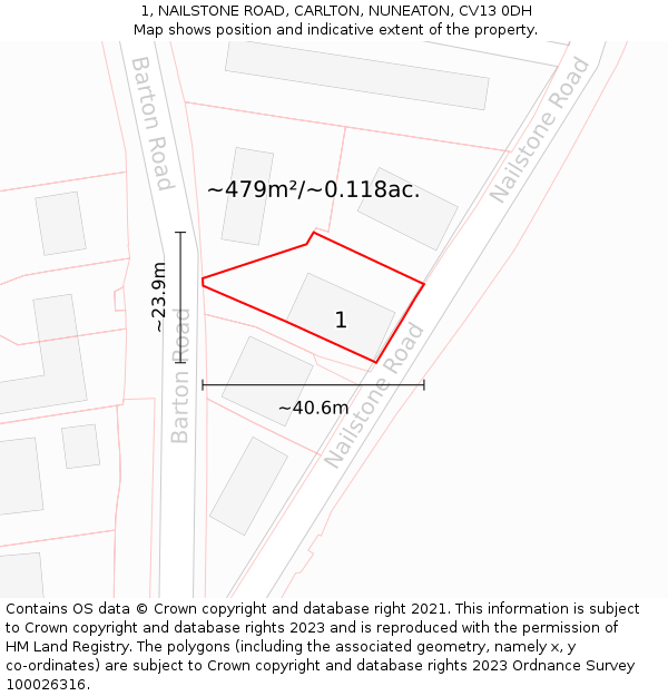 1, NAILSTONE ROAD, CARLTON, NUNEATON, CV13 0DH: Plot and title map