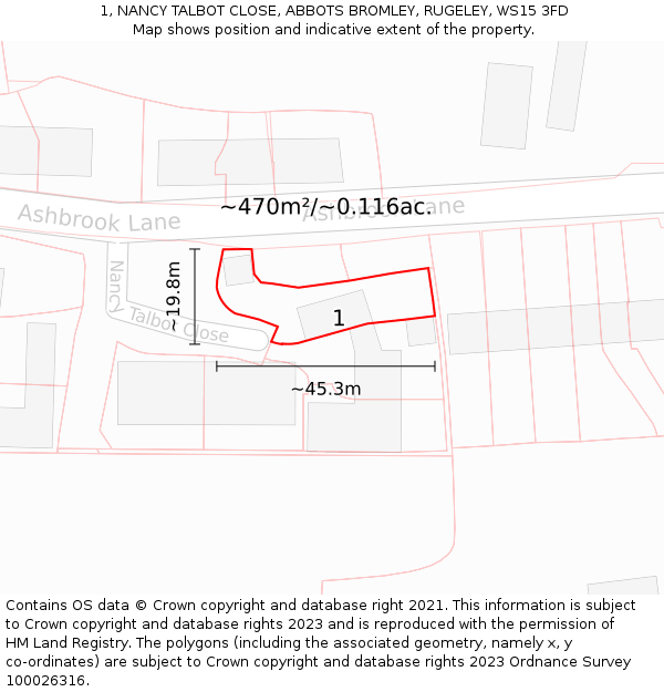 1, NANCY TALBOT CLOSE, ABBOTS BROMLEY, RUGELEY, WS15 3FD: Plot and title map
