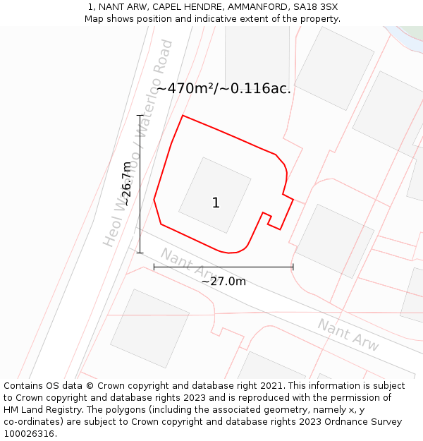 1, NANT ARW, CAPEL HENDRE, AMMANFORD, SA18 3SX: Plot and title map