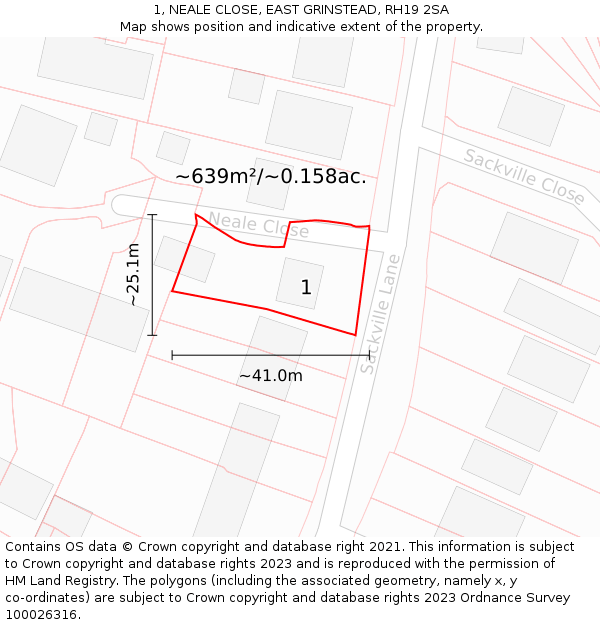 1, NEALE CLOSE, EAST GRINSTEAD, RH19 2SA: Plot and title map