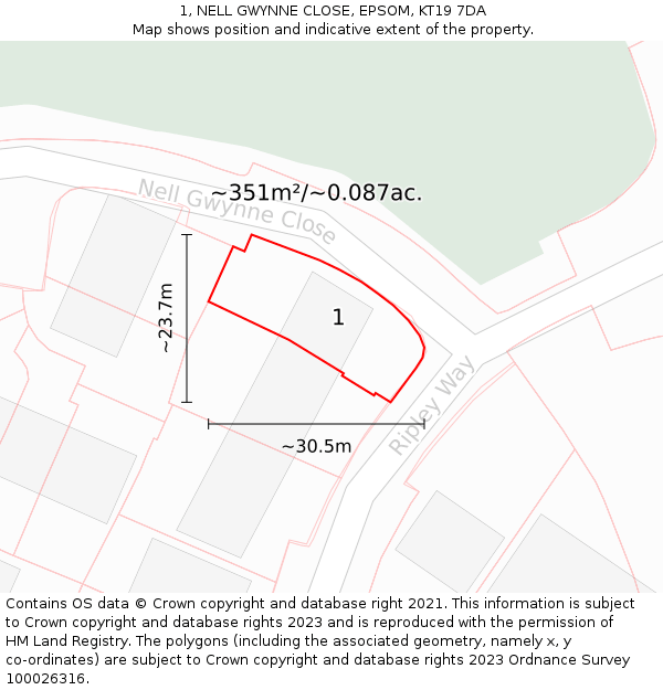 1, NELL GWYNNE CLOSE, EPSOM, KT19 7DA: Plot and title map