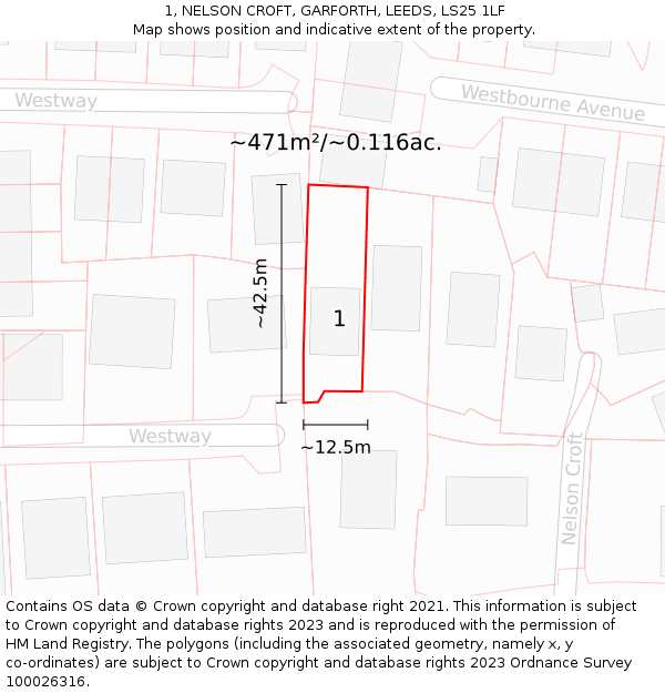 1, NELSON CROFT, GARFORTH, LEEDS, LS25 1LF: Plot and title map