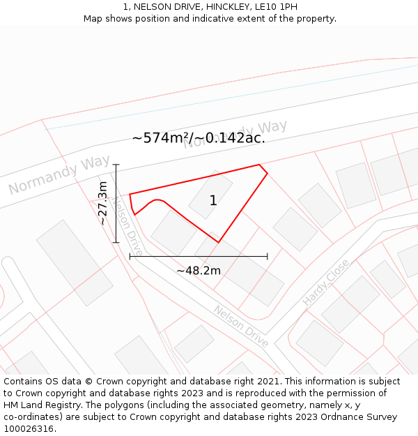1, NELSON DRIVE, HINCKLEY, LE10 1PH: Plot and title map