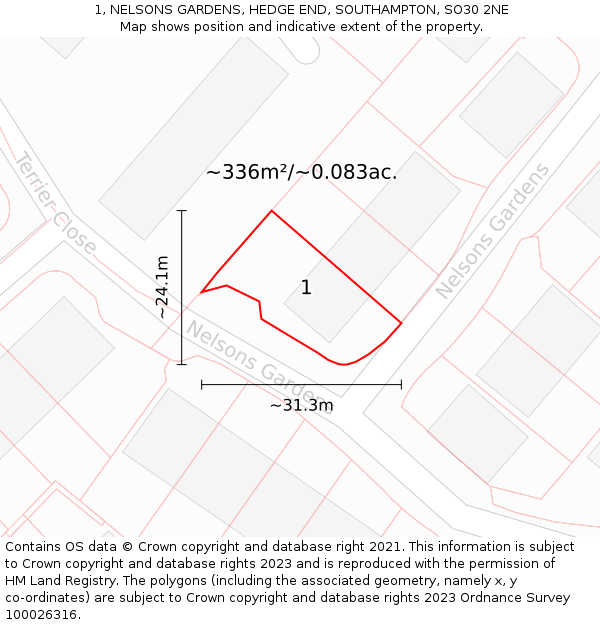 1, NELSONS GARDENS, HEDGE END, SOUTHAMPTON, SO30 2NE: Plot and title map