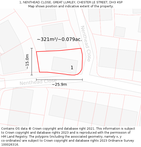 1, NENTHEAD CLOSE, GREAT LUMLEY, CHESTER LE STREET, DH3 4SP: Plot and title map