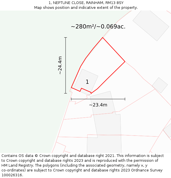 1, NEPTUNE CLOSE, RAINHAM, RM13 8SY: Plot and title map