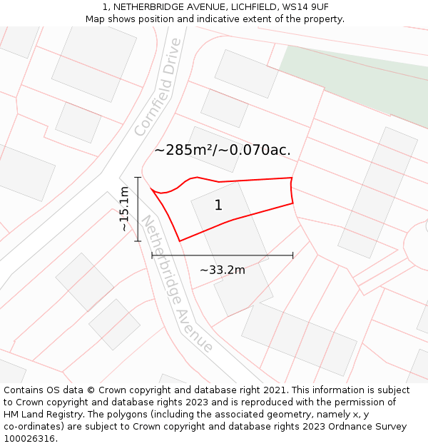 1, NETHERBRIDGE AVENUE, LICHFIELD, WS14 9UF: Plot and title map