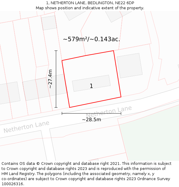 1, NETHERTON LANE, BEDLINGTON, NE22 6DP: Plot and title map