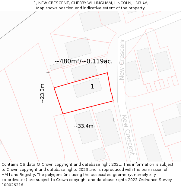 1, NEW CRESCENT, CHERRY WILLINGHAM, LINCOLN, LN3 4AJ: Plot and title map