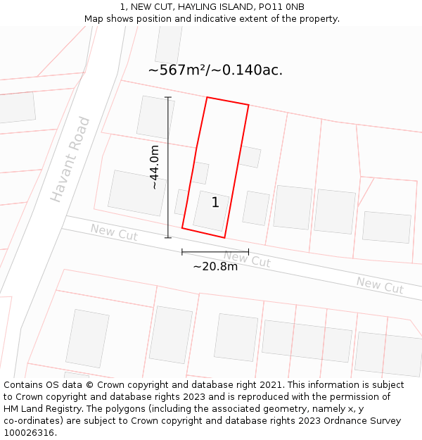 1, NEW CUT, HAYLING ISLAND, PO11 0NB: Plot and title map