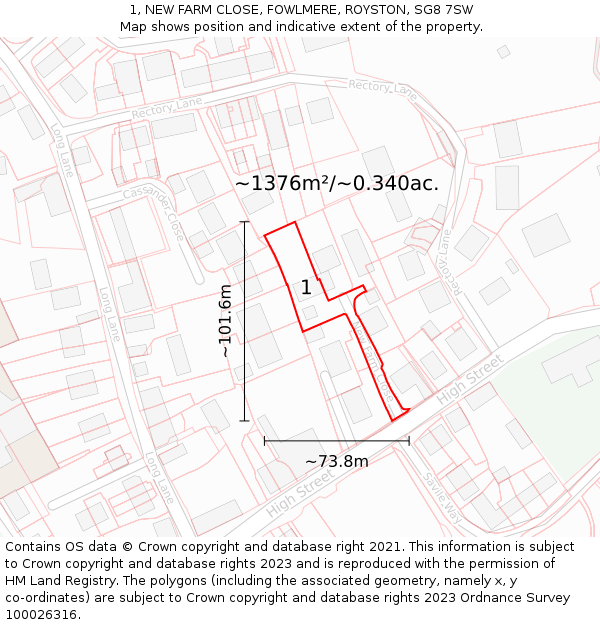 1, NEW FARM CLOSE, FOWLMERE, ROYSTON, SG8 7SW: Plot and title map