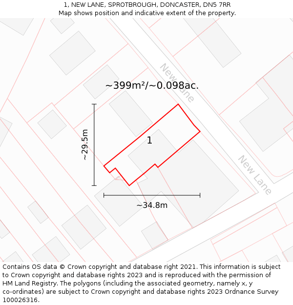 1, NEW LANE, SPROTBROUGH, DONCASTER, DN5 7RR: Plot and title map