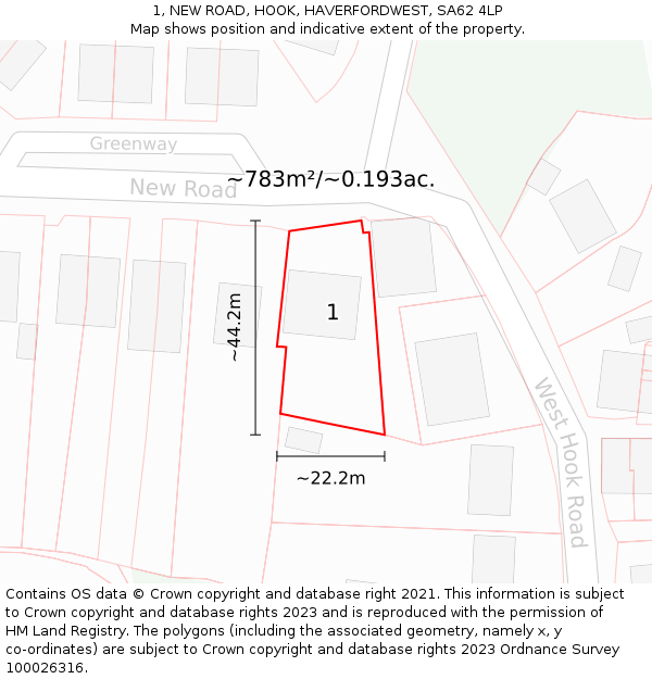 1, NEW ROAD, HOOK, HAVERFORDWEST, SA62 4LP: Plot and title map