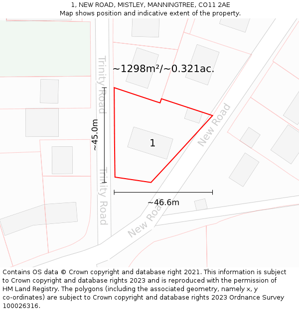 1, NEW ROAD, MISTLEY, MANNINGTREE, CO11 2AE: Plot and title map