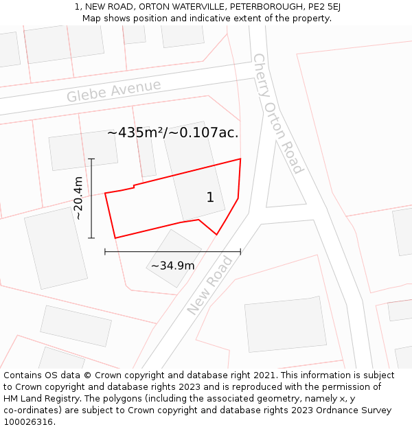 1, NEW ROAD, ORTON WATERVILLE, PETERBOROUGH, PE2 5EJ: Plot and title map