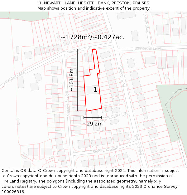 1, NEWARTH LANE, HESKETH BANK, PRESTON, PR4 6RS: Plot and title map