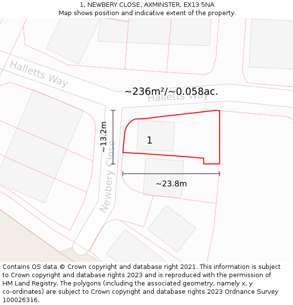 1, NEWBERY CLOSE, AXMINSTER, EX13 5NA: Plot and title map