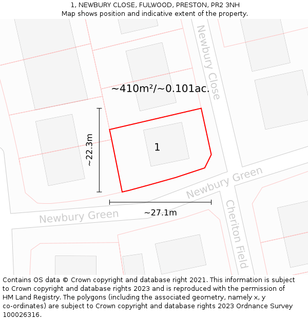 1, NEWBURY CLOSE, FULWOOD, PRESTON, PR2 3NH: Plot and title map